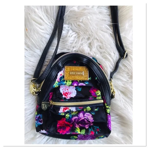 Betsey Johnson Mini Crossbody Purse Velvet Black Pink Floral Print - Picture 2 of 7